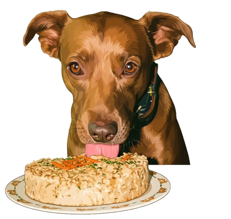 Ilustración de un perro café lamiendo su torta de cumpleaños Lekapi